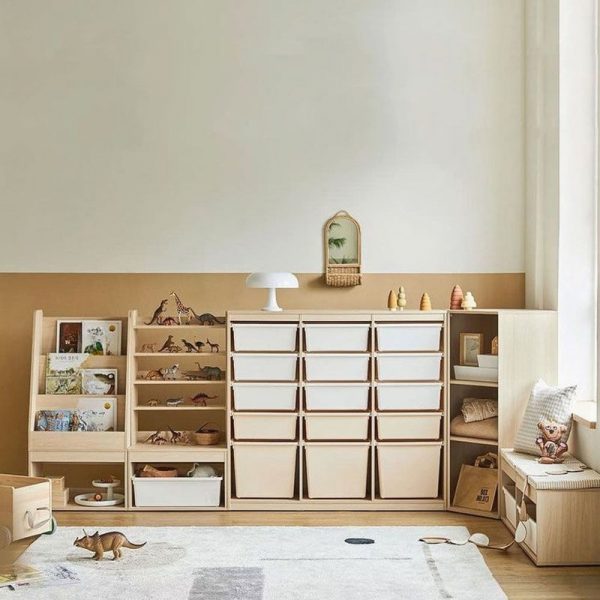 "Chalk Simplistic Standard Children's Bookshelf with 4 Shelves, Vertical Orientation, Closed Back, Synthetic Shelf, and 15 Boxes"