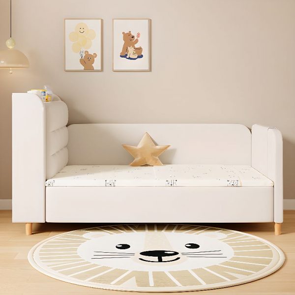 "White Timber Standard Children Bed with Artificial Leather, Coir Mattress, Gender Neutral Headboard Storage & Guardrail"