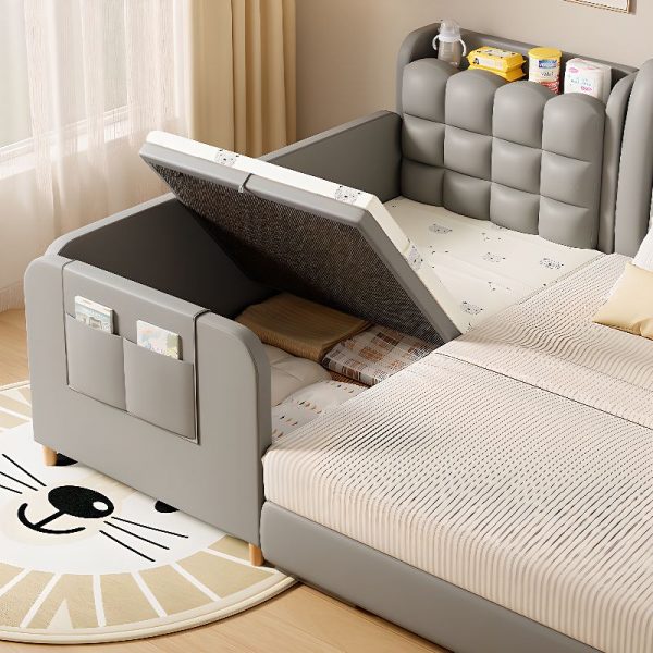 "Gray Lumber Frame Standard Children Bed Synthetic Leather Gender Neutral with Locker, Guardrail and Coir Mattress"