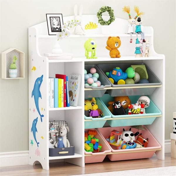 "Multiple Colour/Azure/Carnation Composite Wood Horizontal Animals Standard Kids Bookshelf Closed Back with 6 Shelves/5 Shelves, Hinged Door"