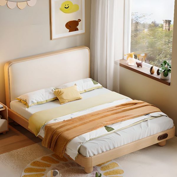 "Art Deco Wood Grain Timber Gender Neutral Standard Children Bed with Pleather Headboard, Coir"