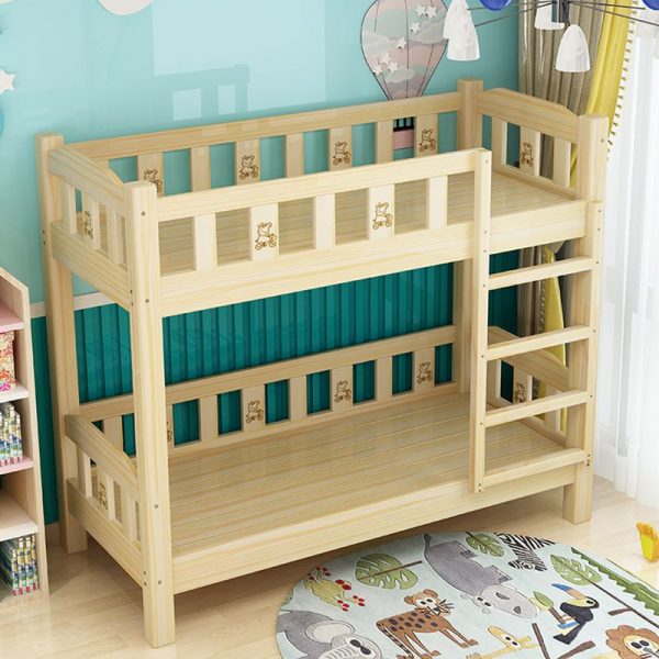 "Simple Wood Grain Wood Gender Neutral Bunk Children's Bed with Ladder, Guardrail"
