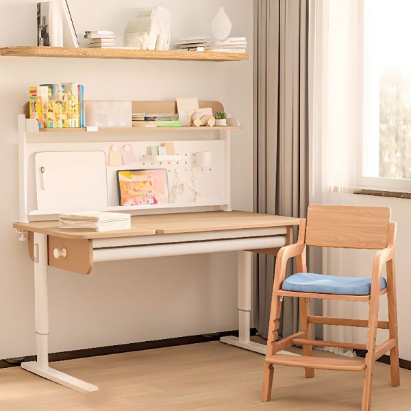 "1 Shelf Natural Finish Manufactured Wood Adaptable Height Adjustable Kids Desk with Locker, Drawer, Hutch"