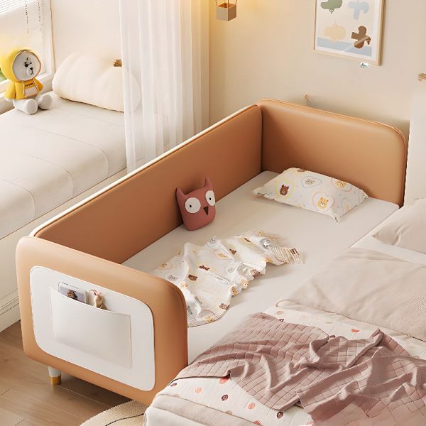"Minimalist Tangerine Color Genuine Leather Gender Neutral Timber Standard Kids Bed with Latex, Guardrail"