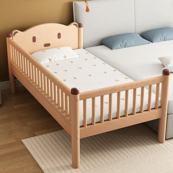 "Contemporary Natural Color Timber Standard Children Bed Gender Neutral with Headboard, Coir, Guardrail"