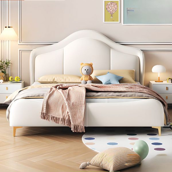 "Modern White Lumber Gender Neutral Standard Kids Bed with Pu Leather Headboard, Coir"