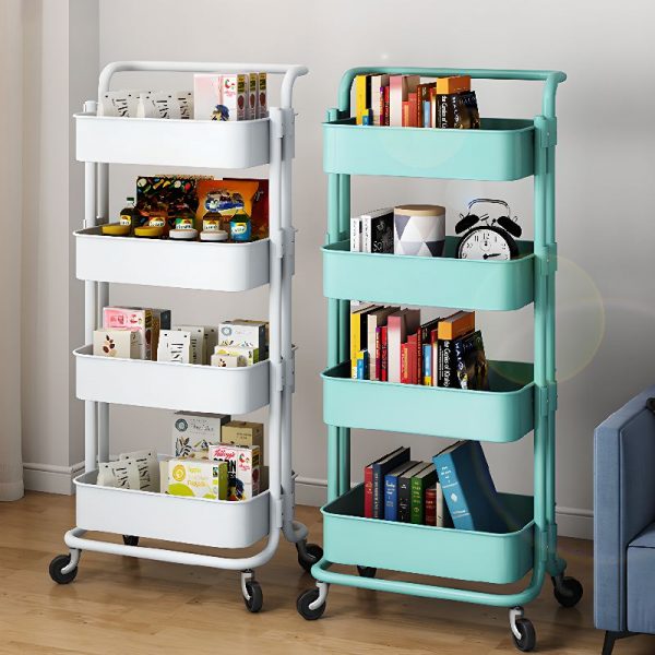 "Midnight Black/Magenta/Blue Modern Polymer Standard Children's Bookshelf, Pop Up, Roller Wheels, Vertical, Open Back"