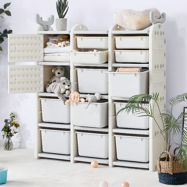 "Light Gray Animals-Themed Standard Kids Bookshelf with Multiple Shelves Options, Versatile Orientation, Plastic Shelves, 2 Doors, and Closed Back"