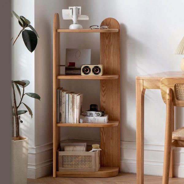 "Modern Simple Style Standard Kids Bookshelf with 4 Timber Shelves, Vertical Orientation, Open Back, Standalone Installation"