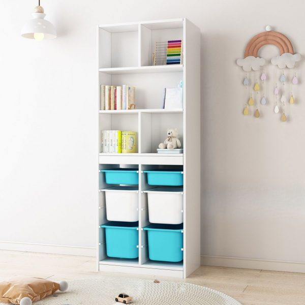 "Standard Children's Bookshelf with 2/5 Shelves, Vertical/Horizontal Orientation, Closed/Open Back, Timber Shelf, Tipover Restraint Device, and 6 Bins"