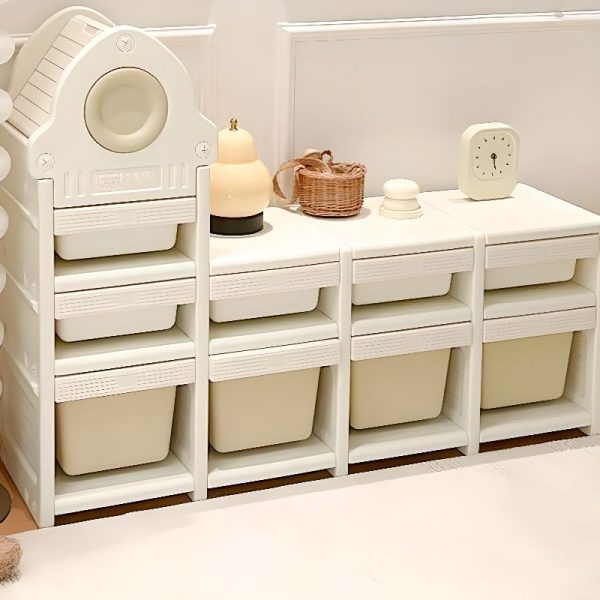 "White Simplistic Standard Children's Bookshelf, Polymer Compound, Horizontal, Open Back, Scratch-tolerant, Standalone"
