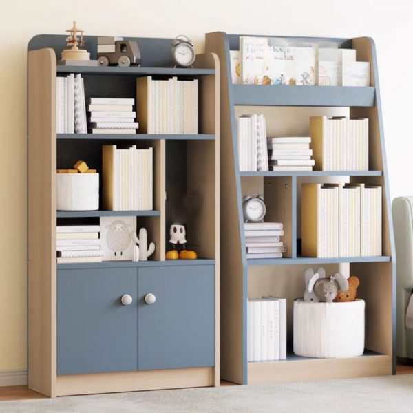 "Blue Standard Children's Bookshelf with 5 Shelves, Vertical Orientation, Closed Back, Timber Shelves, 2 Doors, Scratch-tolerant"