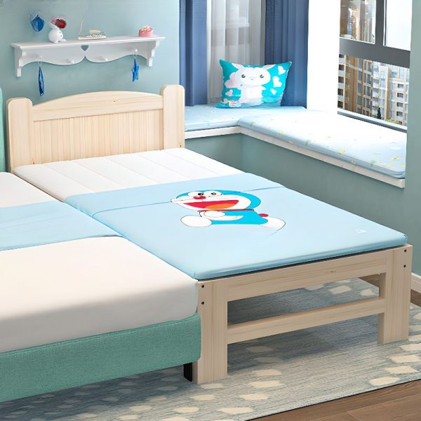 "Contemporary Pine Wood Standard Kids Bed in Wood Color with Cotton Headboard & Coir Mattress, Gender Neutral"