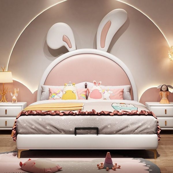 "Peony Standard Kids Bed with Animals Theme, Pleather Upholstery, Coir-Filled Headboard & Underbed Storage for Girl/Woman+"