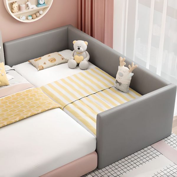 "Sophisticated Dove Grey Contemporary Wood Standard Kids Bed with Cotton Upholstery, Coir Mattress, and Guardrail Gender Neutral"