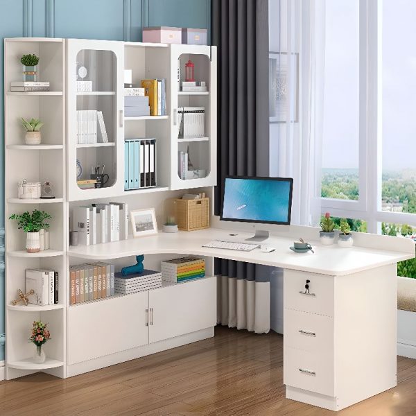 "3 Cabinets White Rainproof Children Computer Desk with Locker, Shelf, Drawer, Cable Management"