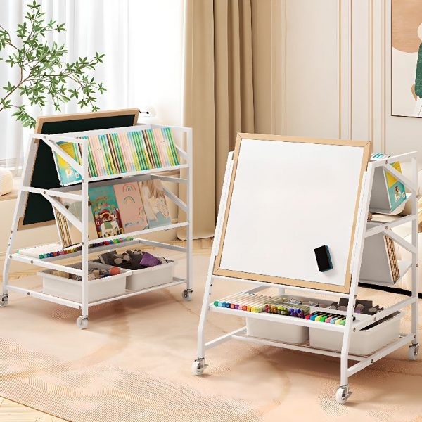 "Chalk Standard Children's Bookshelf with Casters, Adjustable 5/3 Shelves, Vertical/Horizontal Orientation, Open Back, Steel Shelf, and 2/3/4 Bins"